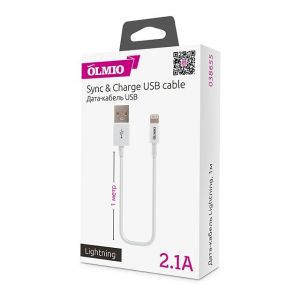 Кабель  USB 2.0- lighting для Apple iphone/ipod/ipad, 1м белый, OLMIO 038655